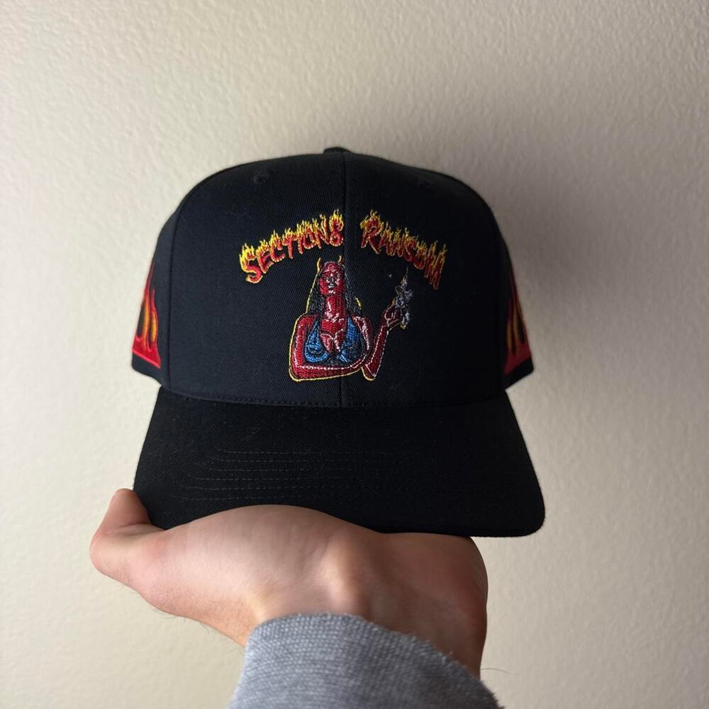 Black Section8 Random Snap-back Cap with Embroidered Devil Pin-Up Girl & Flames